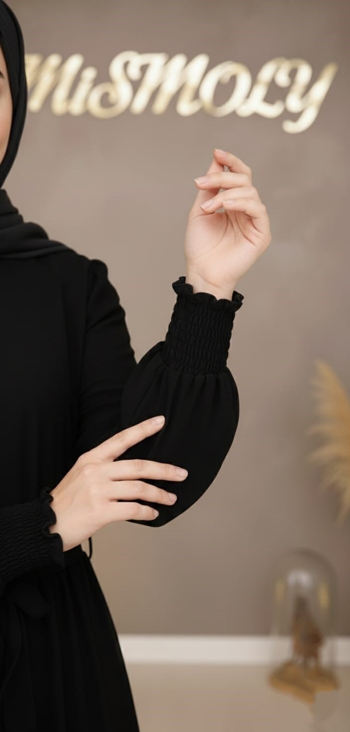 Mismoly Medine Ipeği Katkat Büzgülü Kuşaklı Çocuk Ferace Siyah görsel 3