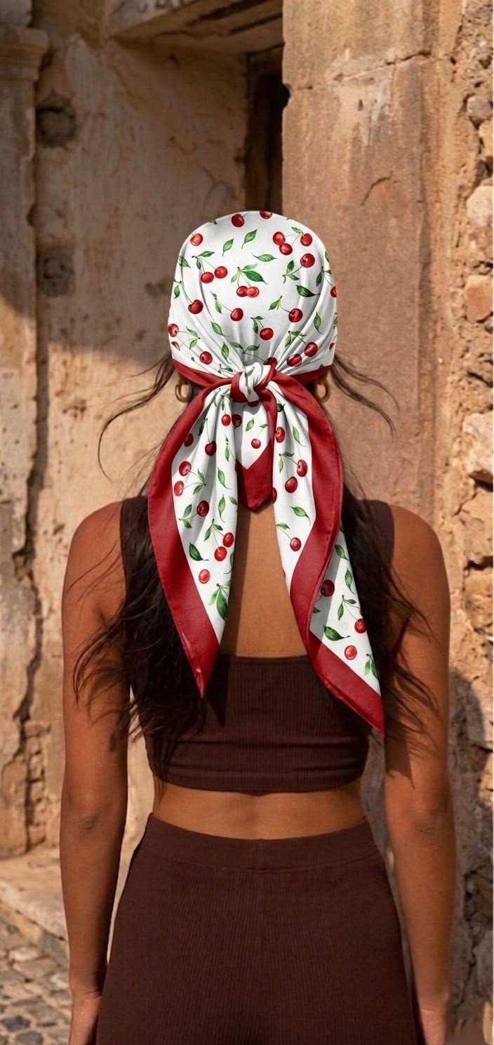 Revam Collection Kiraz Desenli Fular 70 x 70 cm Pamuk-Polyester Kırmızı Renkli Günlük Kullanım İçin görsel 4