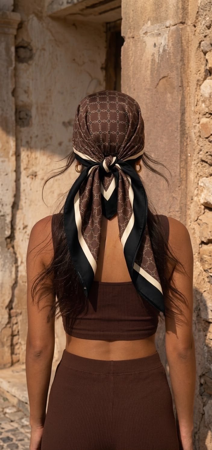 Revam Collection Kahverengi Desenli Fular Bandana Şal Saten Pamuk Malzeme ile Günlük Kullanım İçin görsel 3