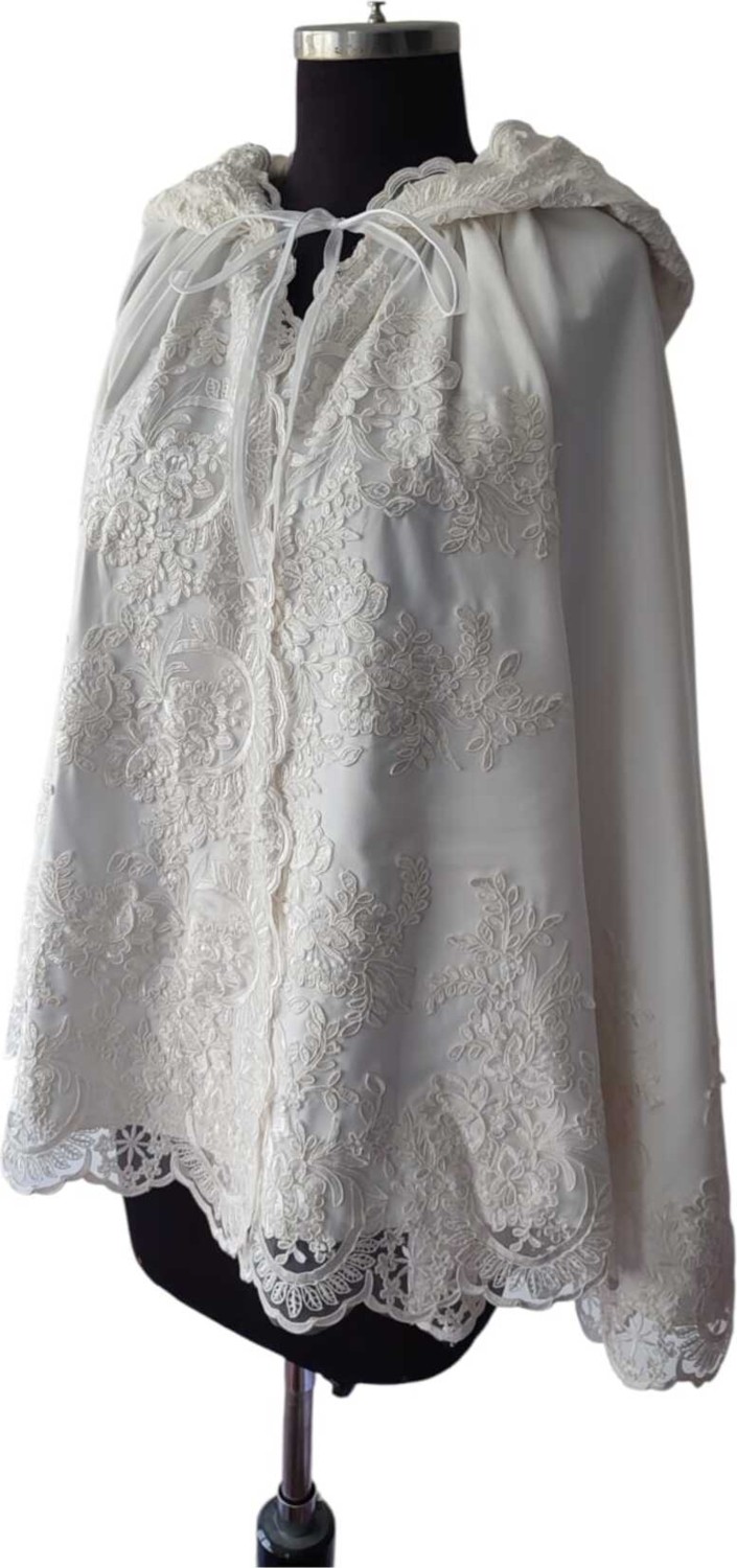 Moda Nur Bolero, Kapşonlu Pelerin, Kalın Şifon Kumaş ,kırık Beyaz Renk Pelerin, Gelin Bolero görsel 6