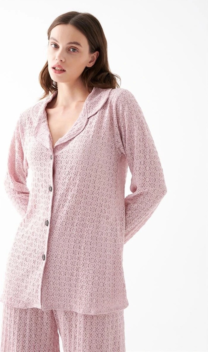 mery Kadın Pembe Önden Düğmeli Rahat Kesim Pijama Takımı, Günlük Ev Giyim Seti Mery görsel 4