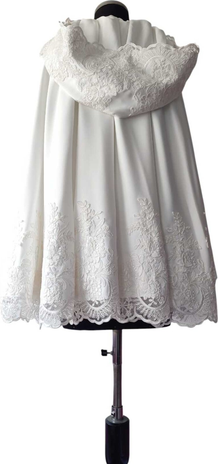 Moda Nur Bolero, Kapşonlu Pelerin, Kalın Şifon Kumaş ,kırık Beyaz Renk Pelerin, Gelin Bolero görsel 4