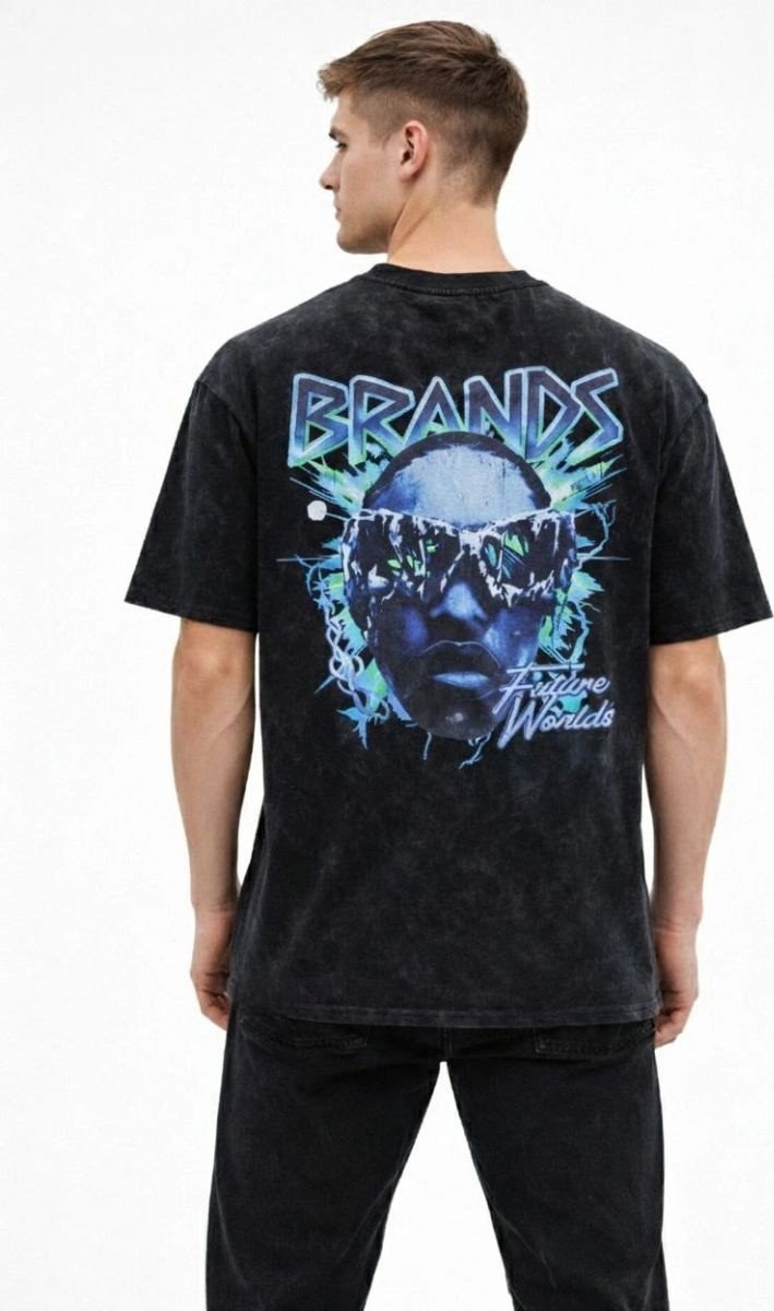 Fantastik Store Erkek Asit Yıkamalı Oversize Tişört Bisiklet Yaka Kısa Kol T-Shirt - Siyah