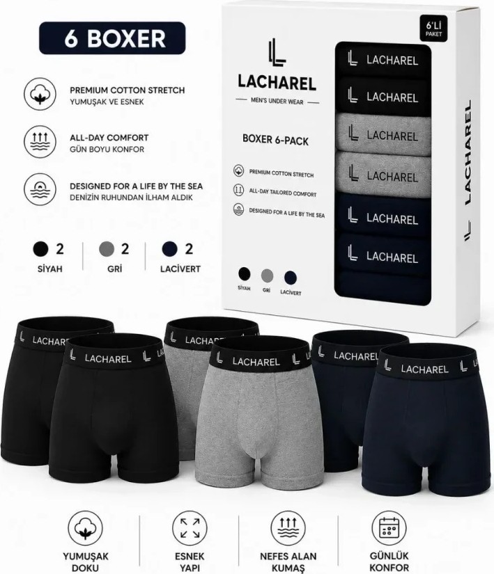 Beruflic Erkek 12LI Iç Giyim Seti Pamuklu 6 Boxer 6 Çorap Çoklu Paket - Siyah - Lacivert - Gri - Beyaz görsel 2