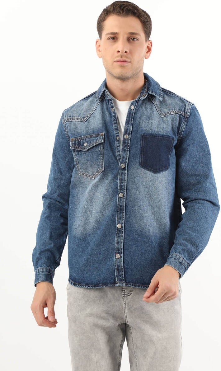 Blue White Erkek Cep Yıkamalı Jean Gömlek Koyu Mavi görsel 2