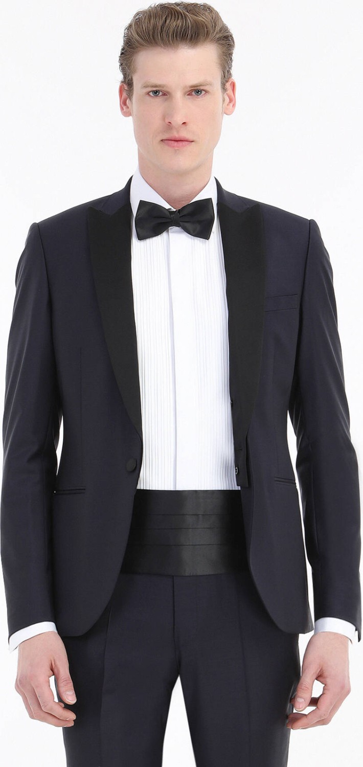 Ramsey Lacivert Düz Fashion Slim Fit Kruvaze Yaka Dokuma Smokin Takım Elbise görsel 8