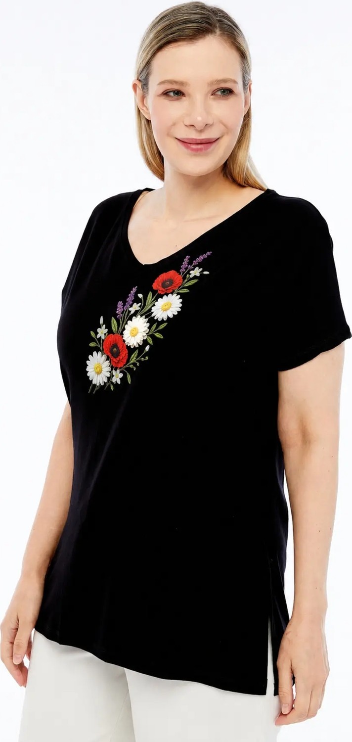 Curvy Trend Büyük Beden Dikme Papatyalı Kırçiçeği Baskılı V Yaka Kısa Kol Yan Yırtmaçlı Bluz görsel 4