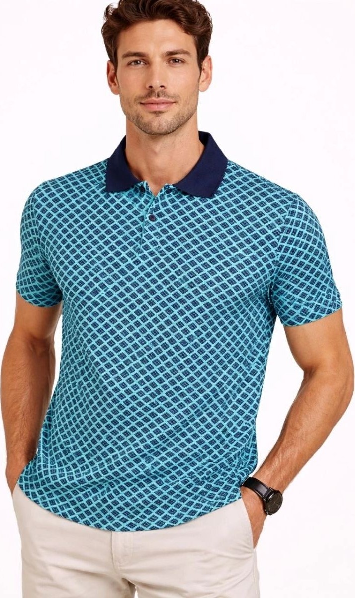 Fantastik Store Erkek Pike Kumaş Polo Yaka Desenli Tişört Kısa Kol Yazlık T-Shirt - Turkuaz