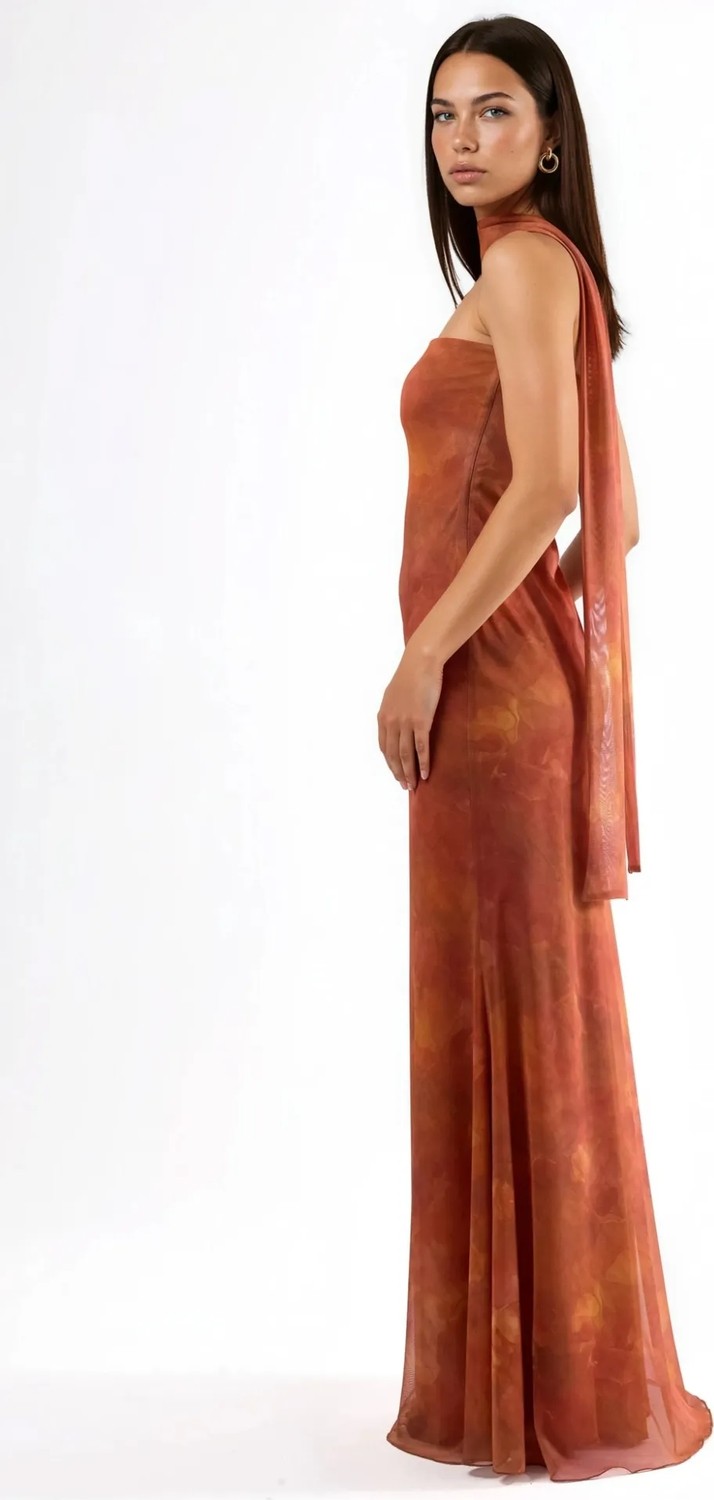 Hiccup Kadınlar Straplez Çiçek Desenli Tül Kuşaklı Bodycon Maxi Elbise Parlak Turuncu görsel 5