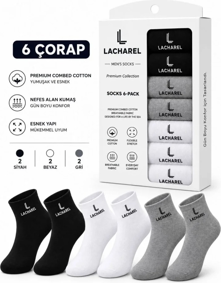 Beruflic Erkek 12LI Iç Giyim Seti Pamuklu 6 Boxer 6 Çorap Çoklu Paket - Siyah - Lacivert - Gri - Beyaz görsel 3