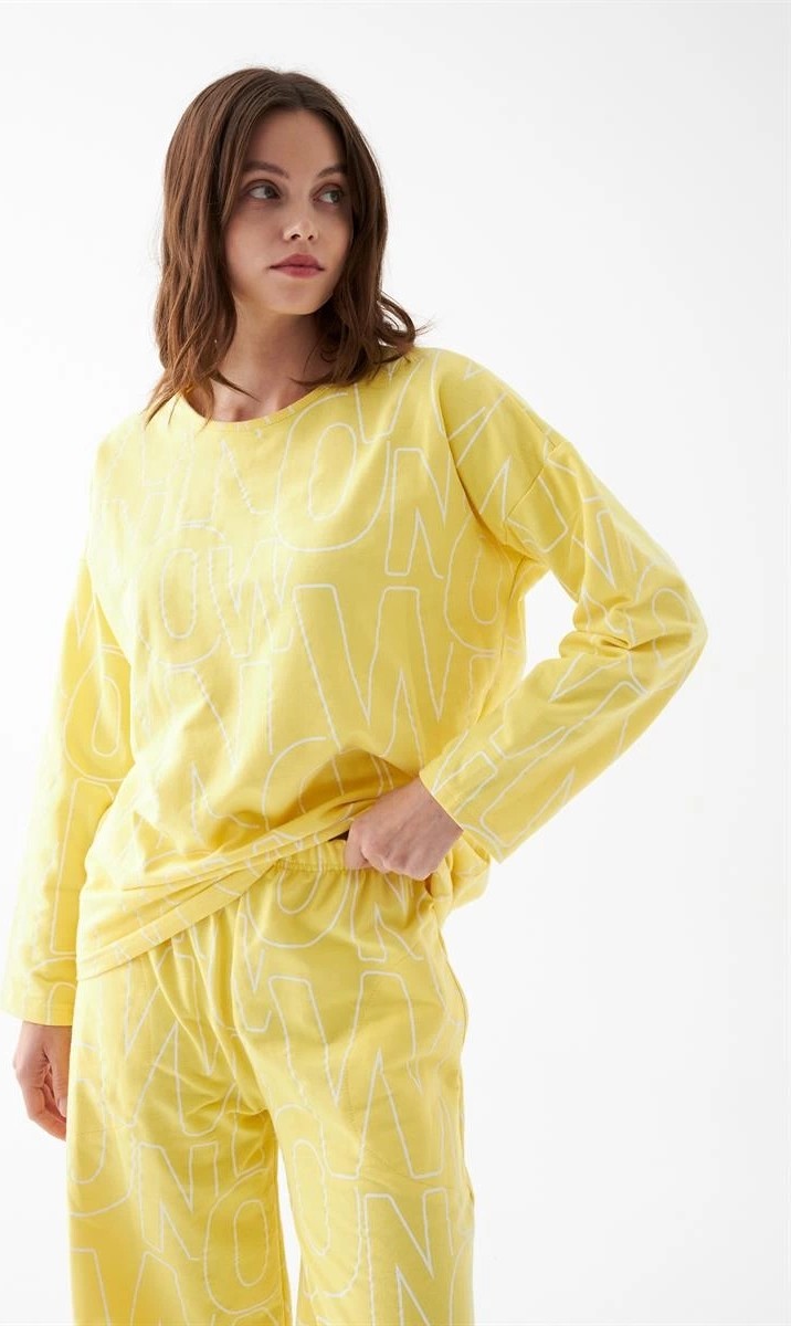 mery Moda Kadın Oversize Sarı Desenli Pamuklu Kalın Pijama Takımı Beruflic görsel 3