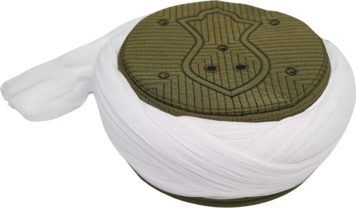 Sarıkhane Çocuk Namaz Sarığı - Beyaz Kumaş - Yeşil Takke - Çapraz Sarım - Nâli Şerif - 6 Metre (Züabeli)
