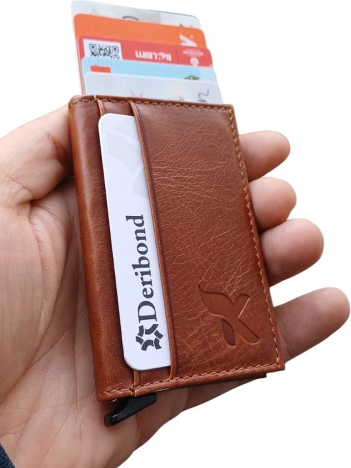 Deribond Otomatik Mekanizmalı Erkek Hakiki Deri Kartlık Cüzdan Slim Alüminyum Kasa