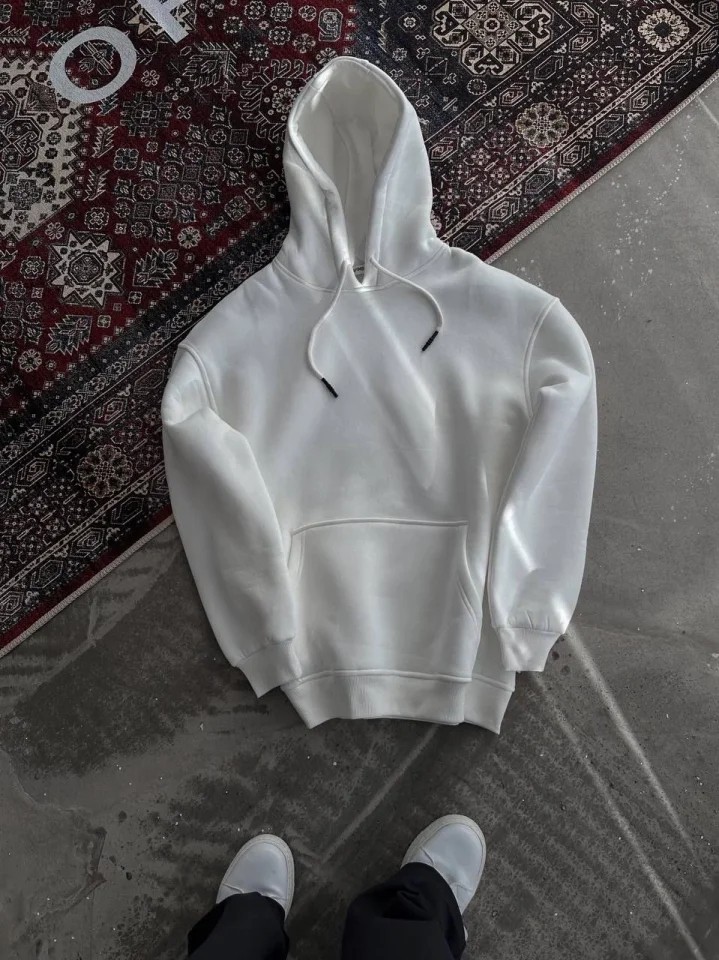 Kapşonlu Üç Iplik Penye Basic Sweatshirt - Beyaz görsel 2