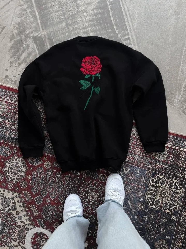 Oversize Üç Iplik Bisiklet Yaka Baskılı Sweatshirt - Siyah