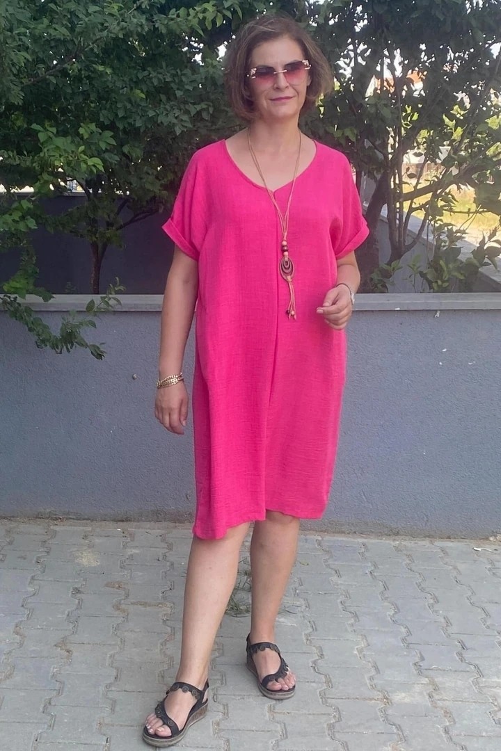 Mia Butik Büyük Beden Fuşya Kolye Hediyeli Salaş Elbise