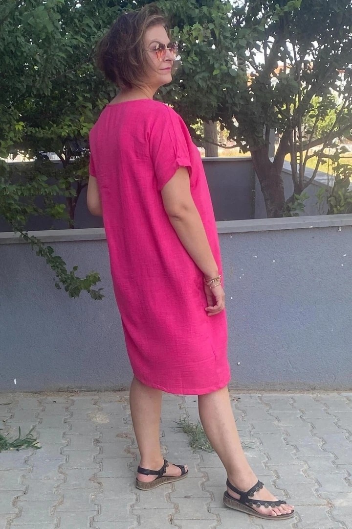 Mia Butik Büyük Beden Fuşya Kolye Hediyeli Salaş Elbise görsel 4