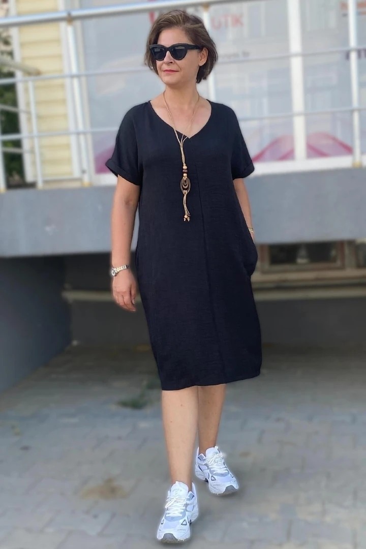 Mia Butik Büyük Beden Siyah Kolye Hediyeli Salaş Elbise