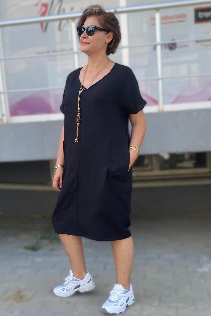 Mia Butik Büyük Beden Siyah Kolye Hediyeli Salaş Elbise görsel 2