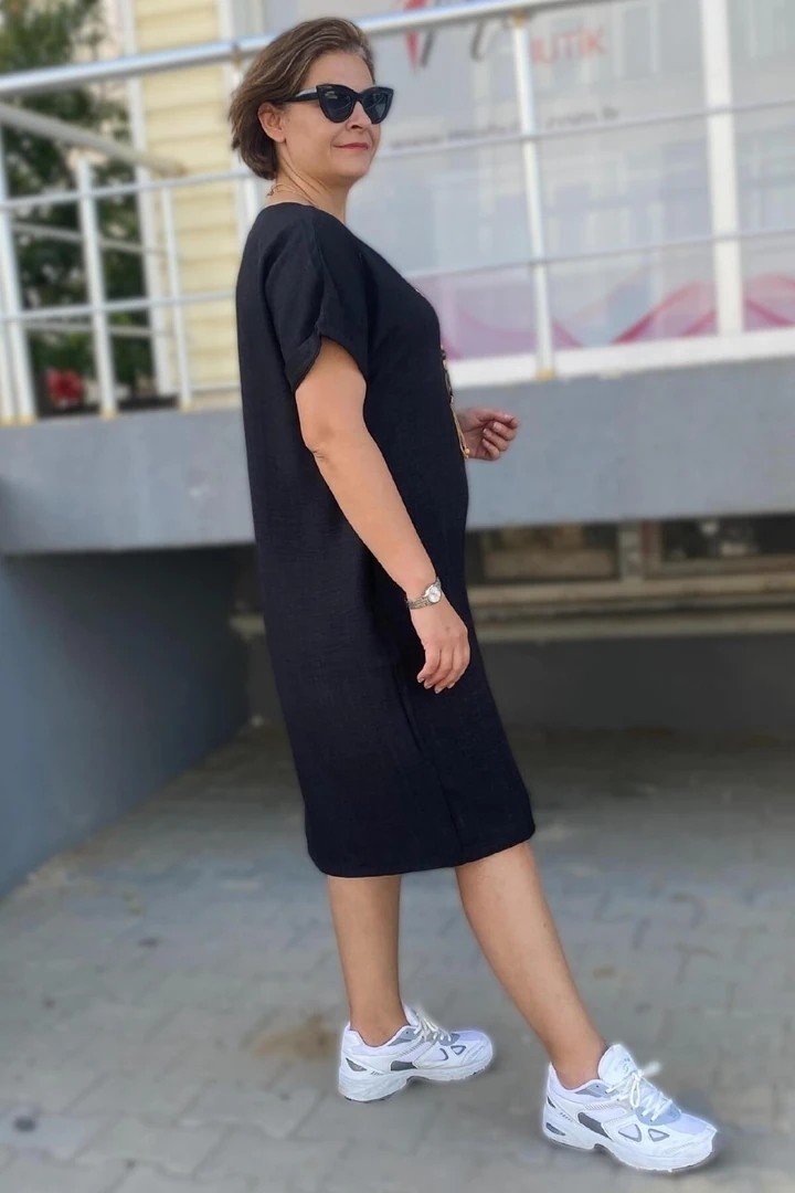Mia Butik Büyük Beden Siyah Kolye Hediyeli Salaş Elbise görsel 3
