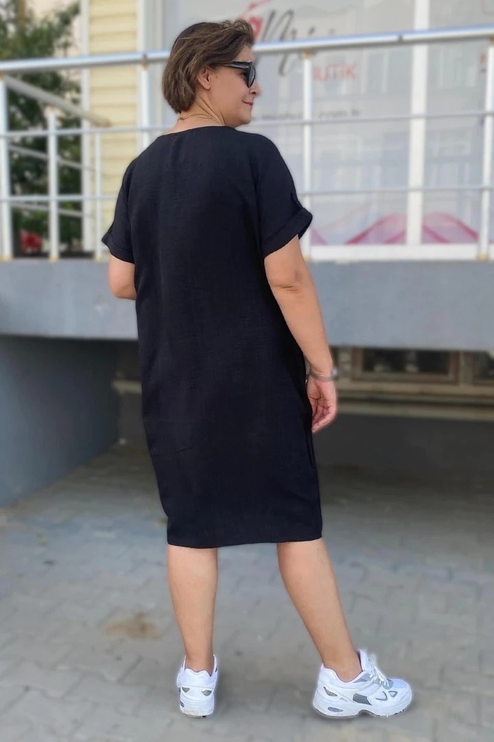 Mia Butik Büyük Beden Siyah Kolye Hediyeli Salaş Elbise görsel 4
