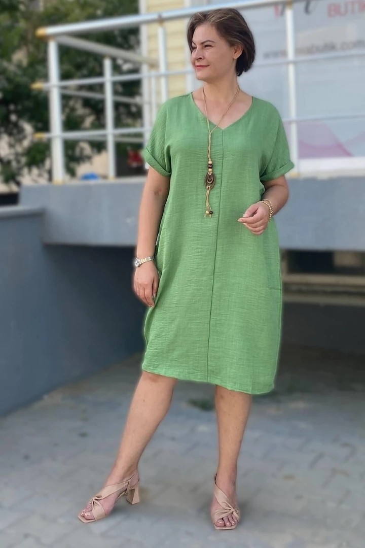 Mia Butik Büyük Beden Yeşil Kolye Hediyeli Salaş Elbise