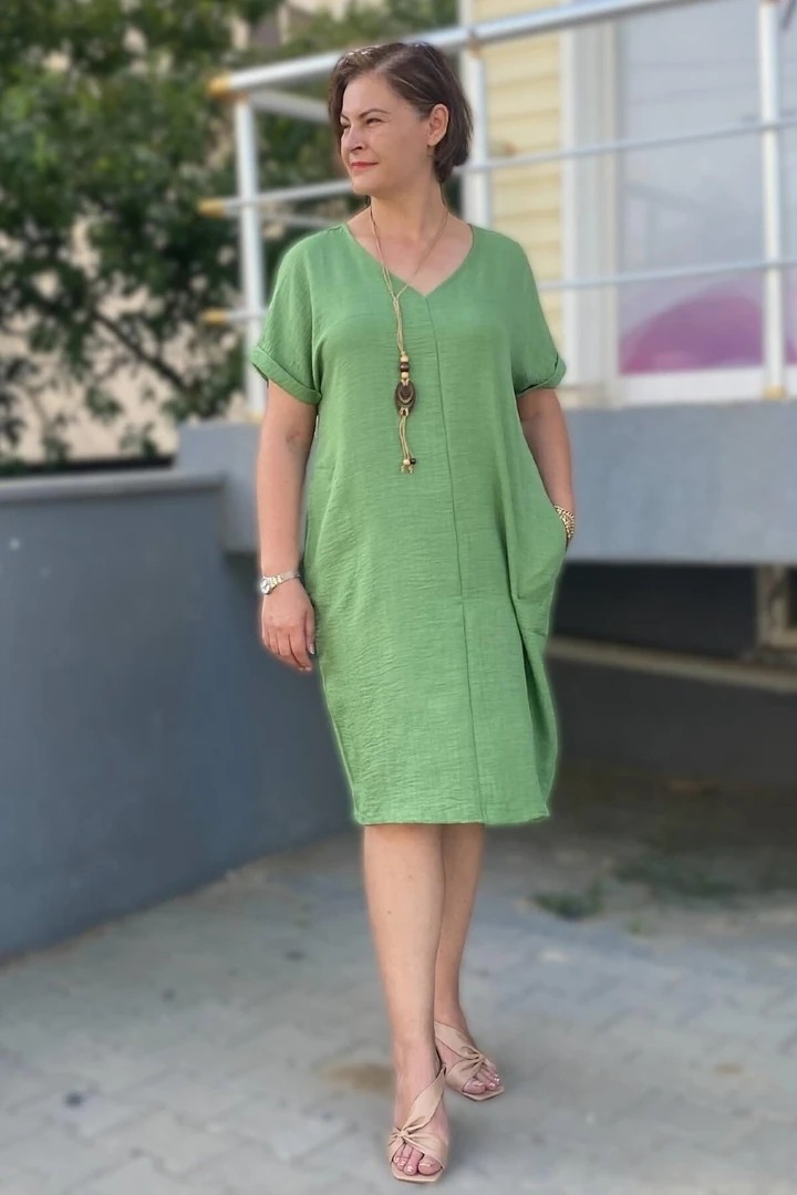 Mia Butik Büyük Beden Yeşil Kolye Hediyeli Salaş Elbise görsel 2