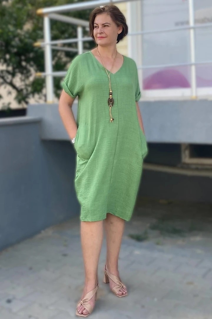 Mia Butik Büyük Beden Yeşil Kolye Hediyeli Salaş Elbise görsel 3