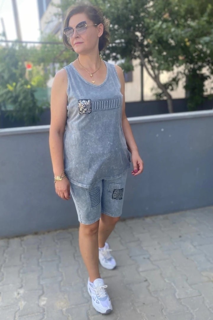 Mia Butik Büyük Beden Gri Gümüş Şort Takım görsel 2