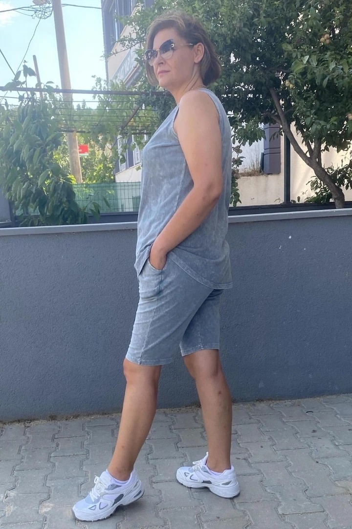 Mia Butik Büyük Beden Gri Gümüş Şort Takım görsel 3