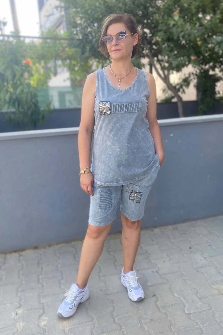 Mia Butik Büyük Beden Gri Gümüş Şort Takım görsel 5