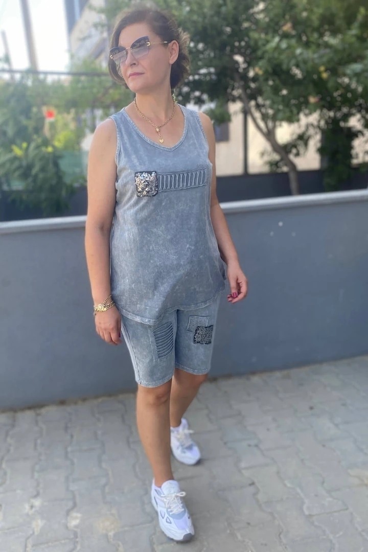 Mia Butik Büyük Beden Gri Gümüş Şort Takım görsel 6