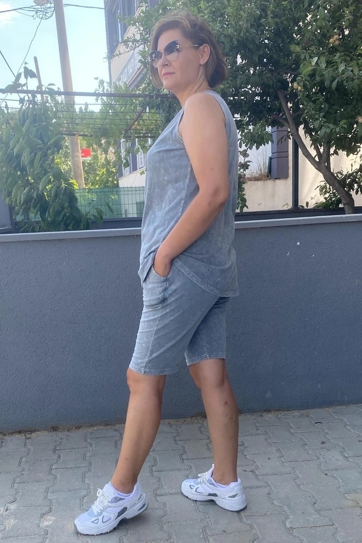 Mia Butik Büyük Beden Gri Gümüş Şort Takım görsel 7