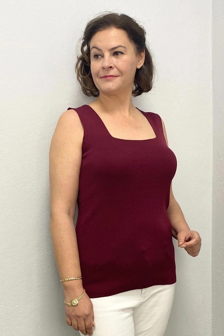 Mia Butik Büyük Beden Bordo Kare Yaka Triko Bluz görsel 2