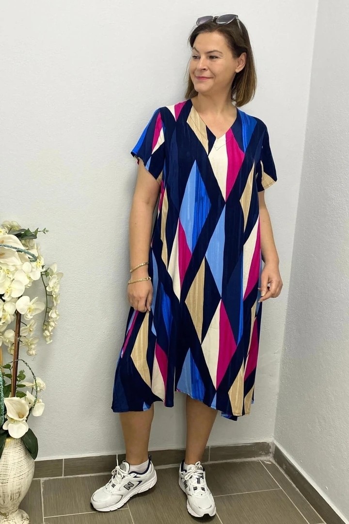 Mia Butik Kadın Yeşil Pembe Yaprak Desenli Elbise görsel 2