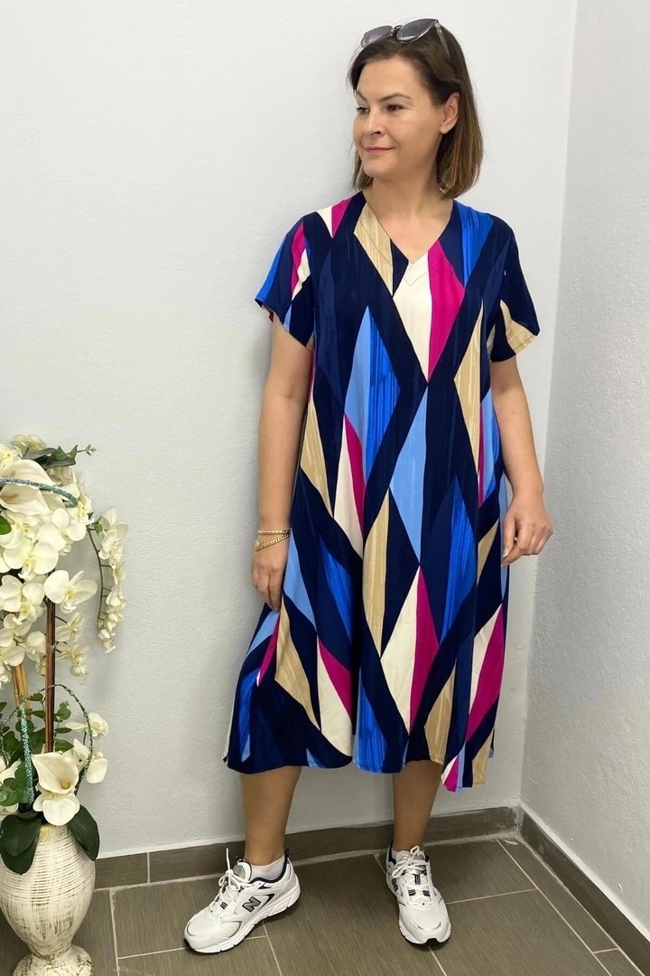 Mia Butik Kadın Yeşil Pembe Yaprak Desenli Elbise görsel 3