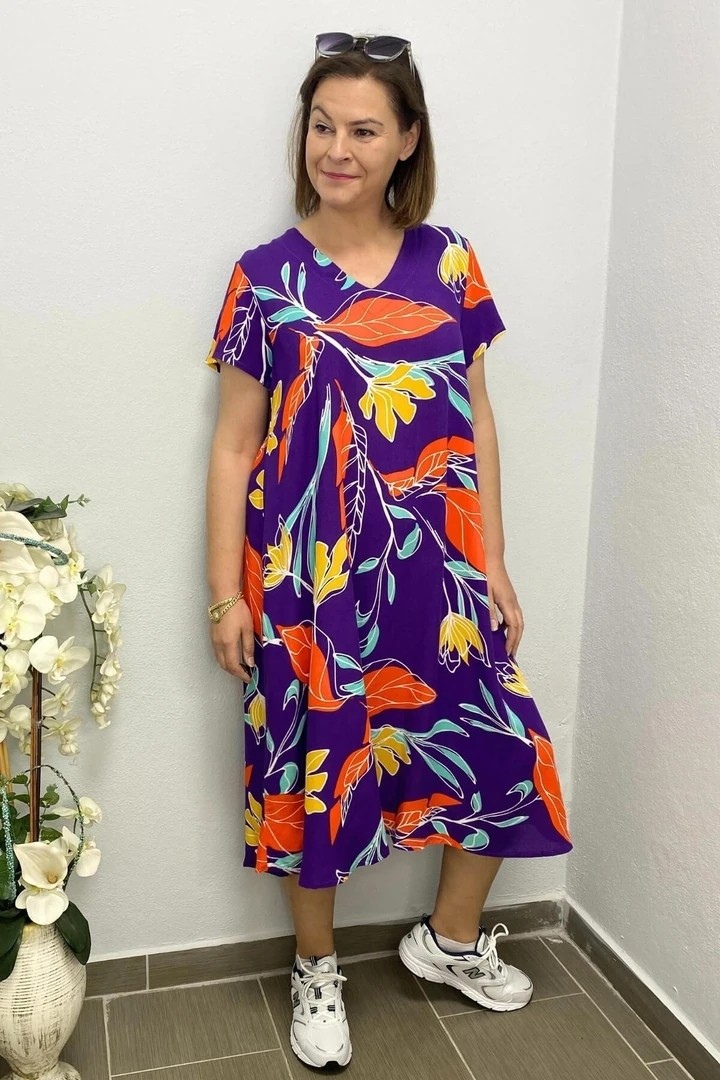 Mia Butik Kadın Yeşil Pembe Yaprak Desenli Elbise görsel 4