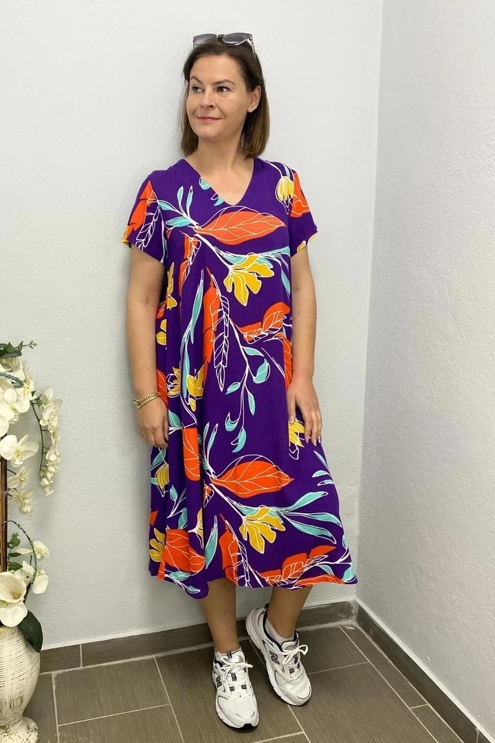 Mia Butik Kadın Yeşil Pembe Yaprak Desenli Elbise görsel 5