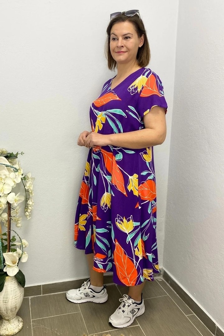 Mia Butik Kadın Yeşil Pembe Yaprak Desenli Elbise görsel 6