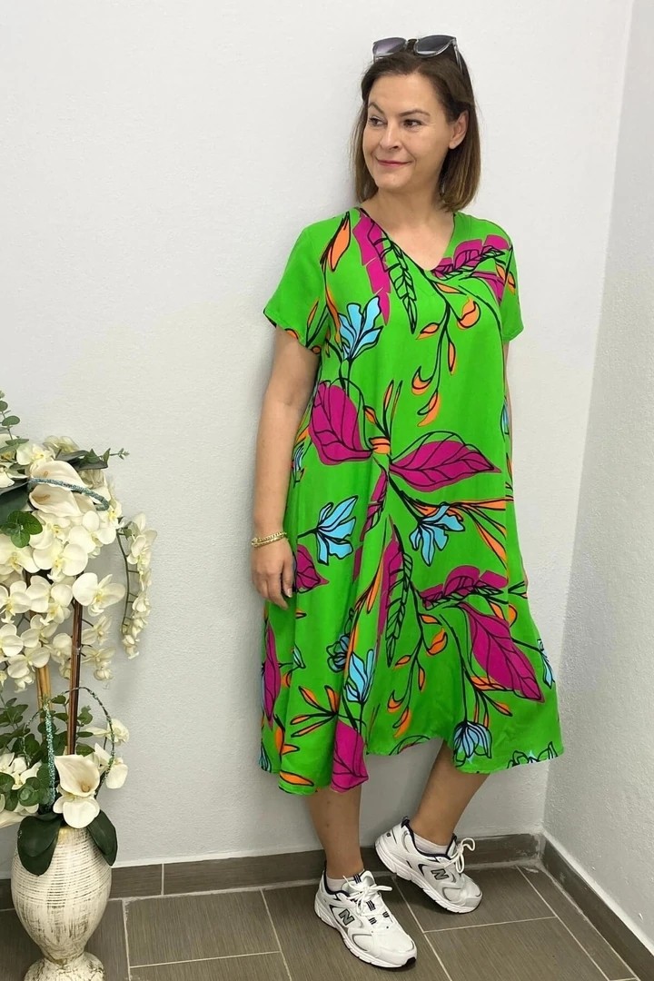 Mia Butik Kadın Yeşil Pembe Yaprak Desenli Elbise görsel 7