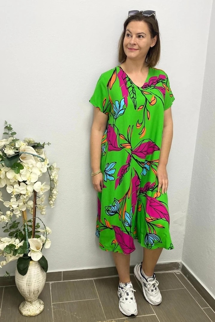 Mia Butik Kadın Yeşil Pembe Yaprak Desenli Elbise görsel 8