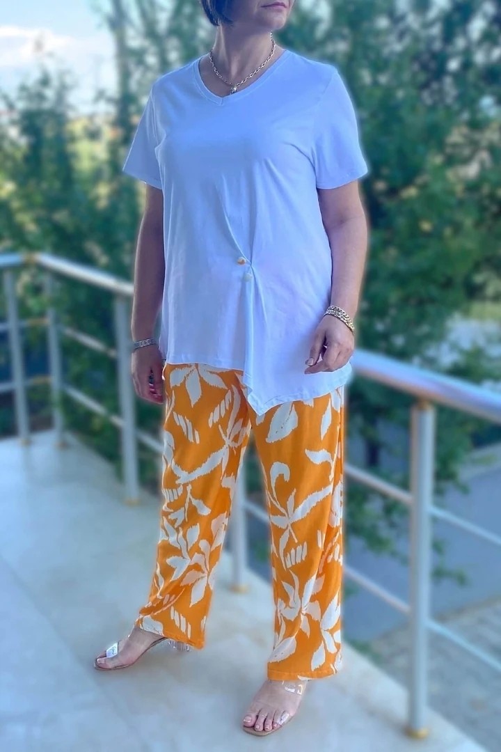 Mia Butik Büyük Beden Bahar Takım Beyaz-Turuncu