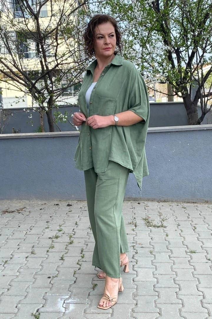 Mia Butik Kadın Yeşil Italyan Tasarım Keten Takım görsel 3