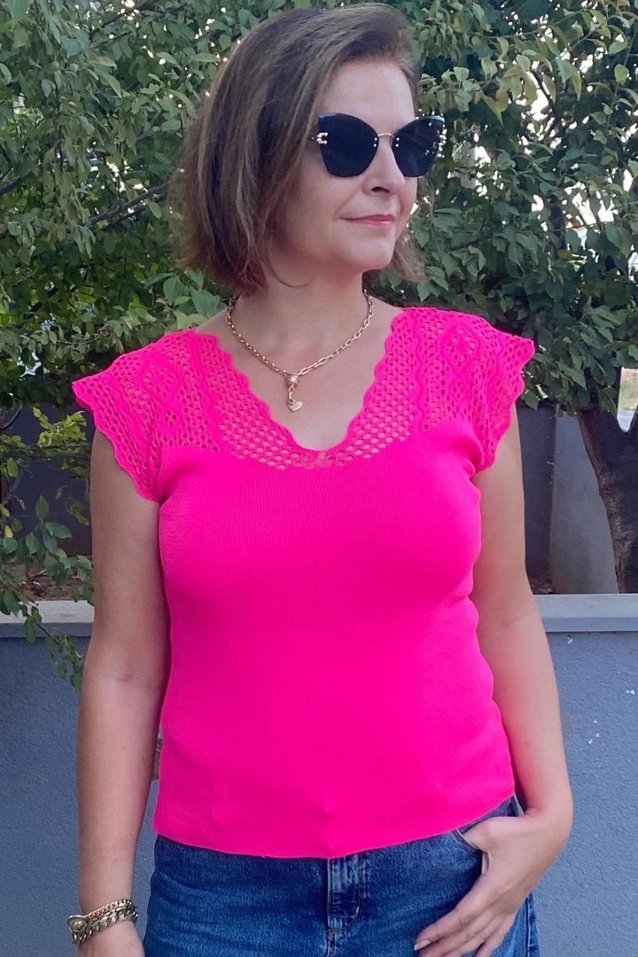 Mia Butik Kadın Pembe Sıfır Kol Ajurlu Triko Bluz