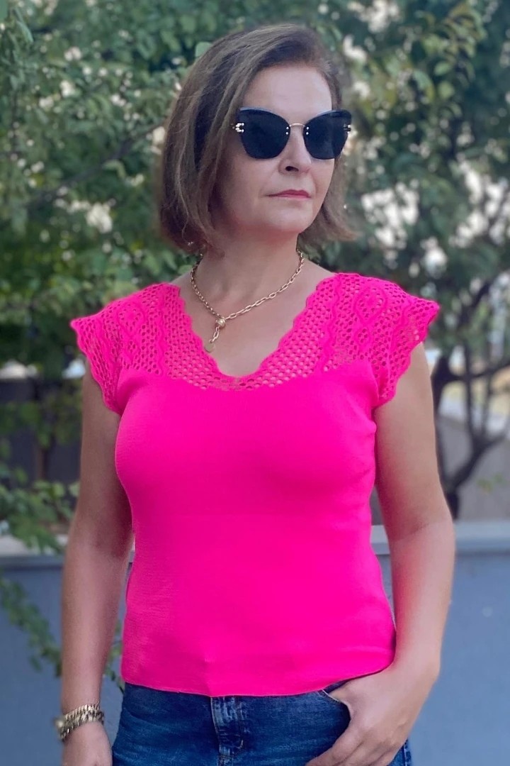 Mia Butik Kadın Pembe Sıfır Kol Ajurlu Triko Bluz görsel 2