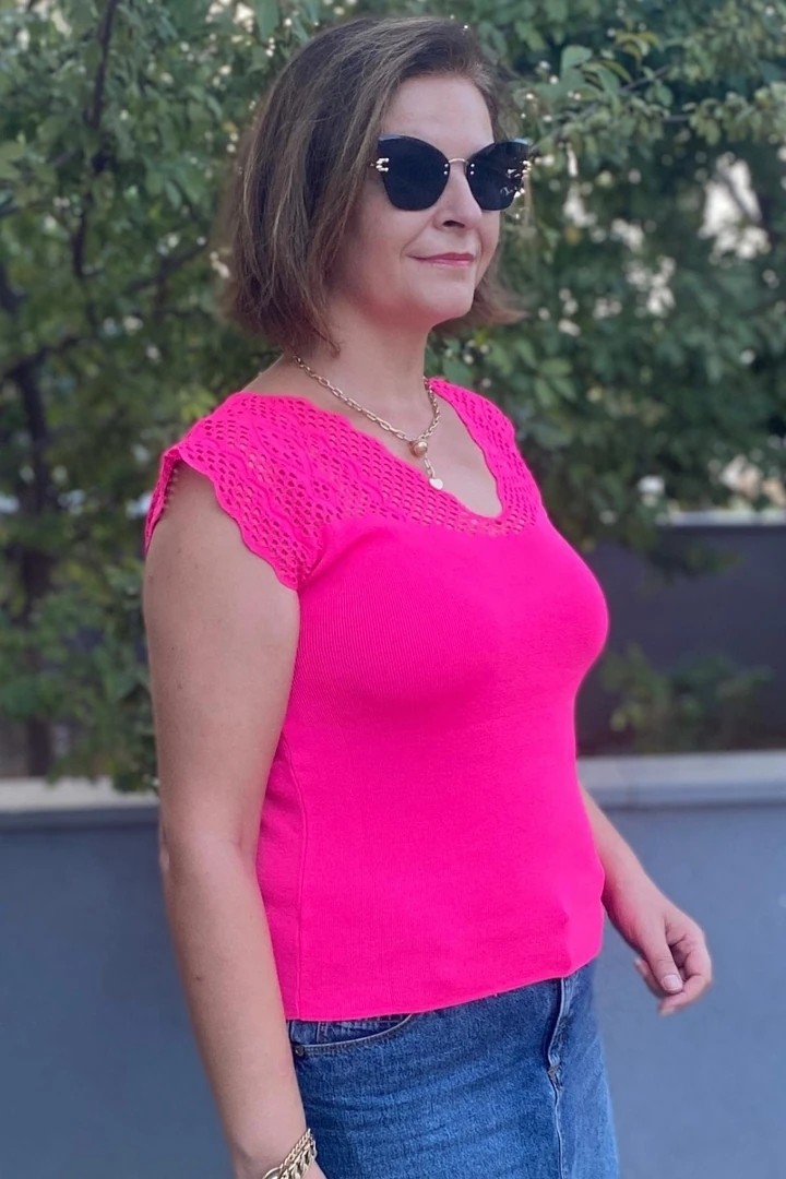 Mia Butik Kadın Pembe Sıfır Kol Ajurlu Triko Bluz görsel 3
