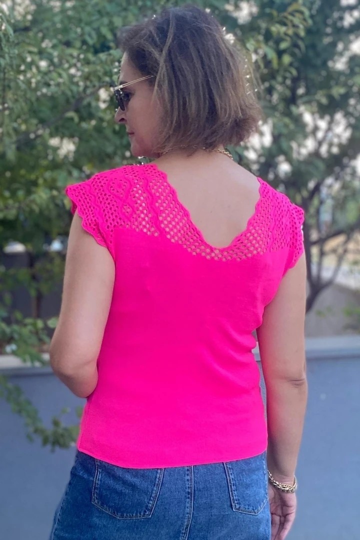 Mia Butik Kadın Pembe Sıfır Kol Ajurlu Triko Bluz görsel 4