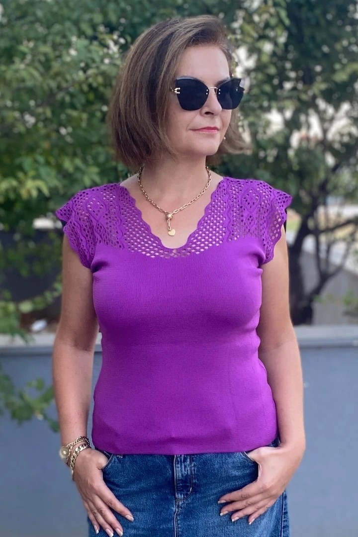 Mia Butik Kadın Pembe Sıfır Kol Ajurlu Triko Bluz görsel 5