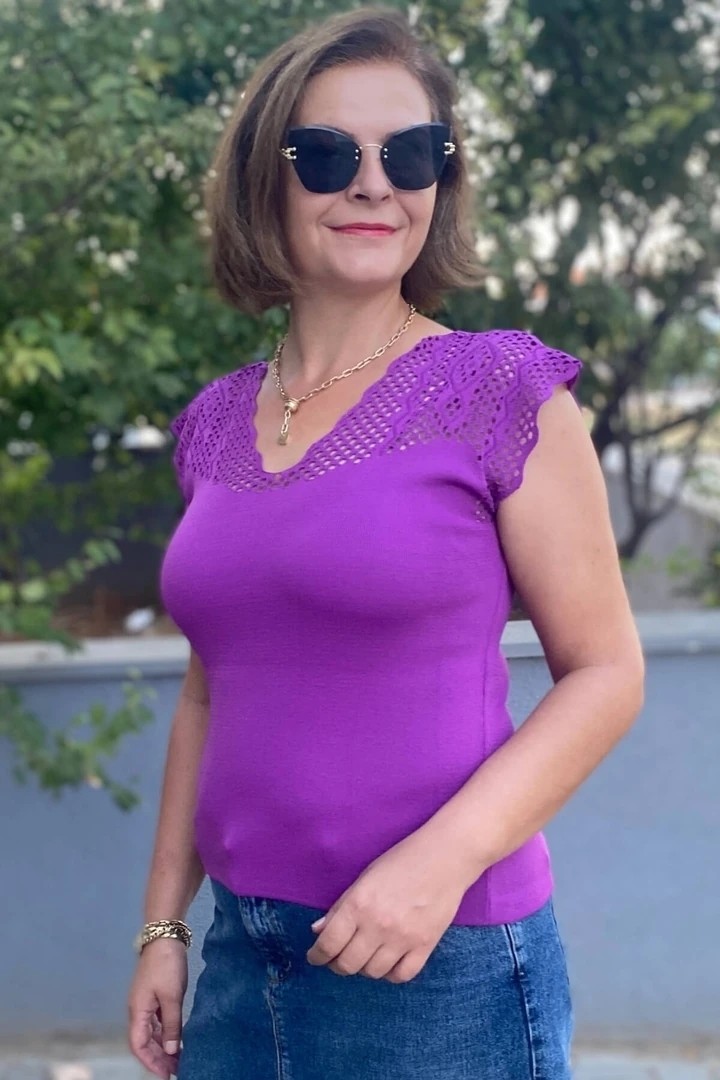 Mia Butik Kadın Pembe Sıfır Kol Ajurlu Triko Bluz görsel 6