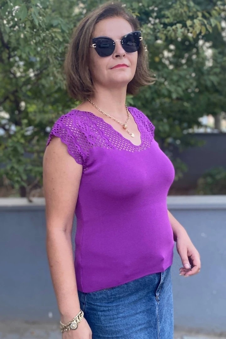 Mia Butik Kadın Pembe Sıfır Kol Ajurlu Triko Bluz görsel 7